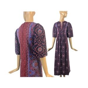 Vintage 1970s Block print Bohemian Kaftan dress colorful flare sleeve maxi dress